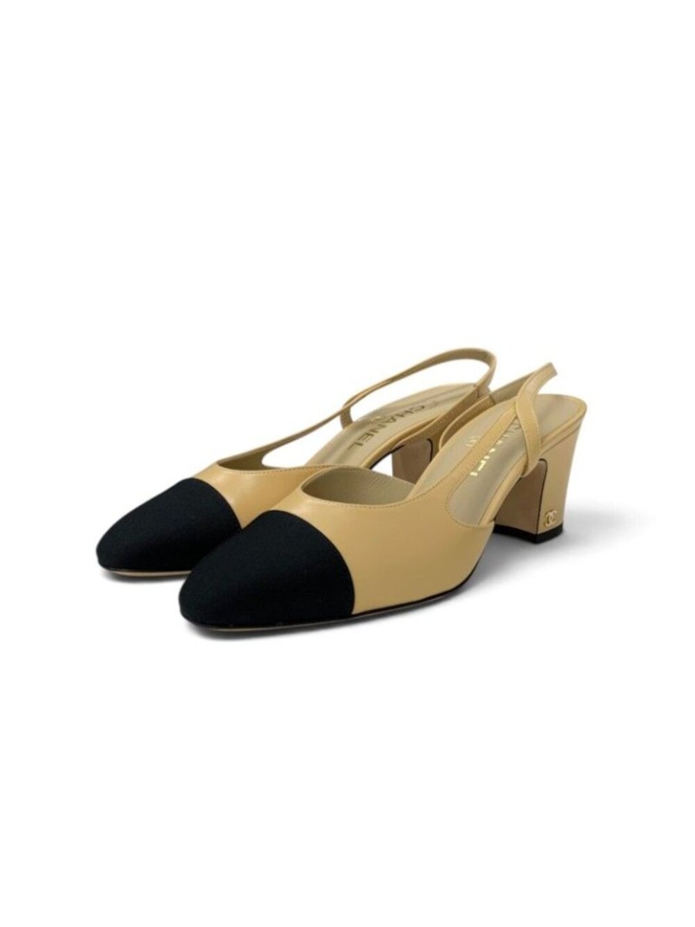 Chanel Pumps Shoes Leather Fabric Beige Black Gold CC Logo Slingback Bicolor
